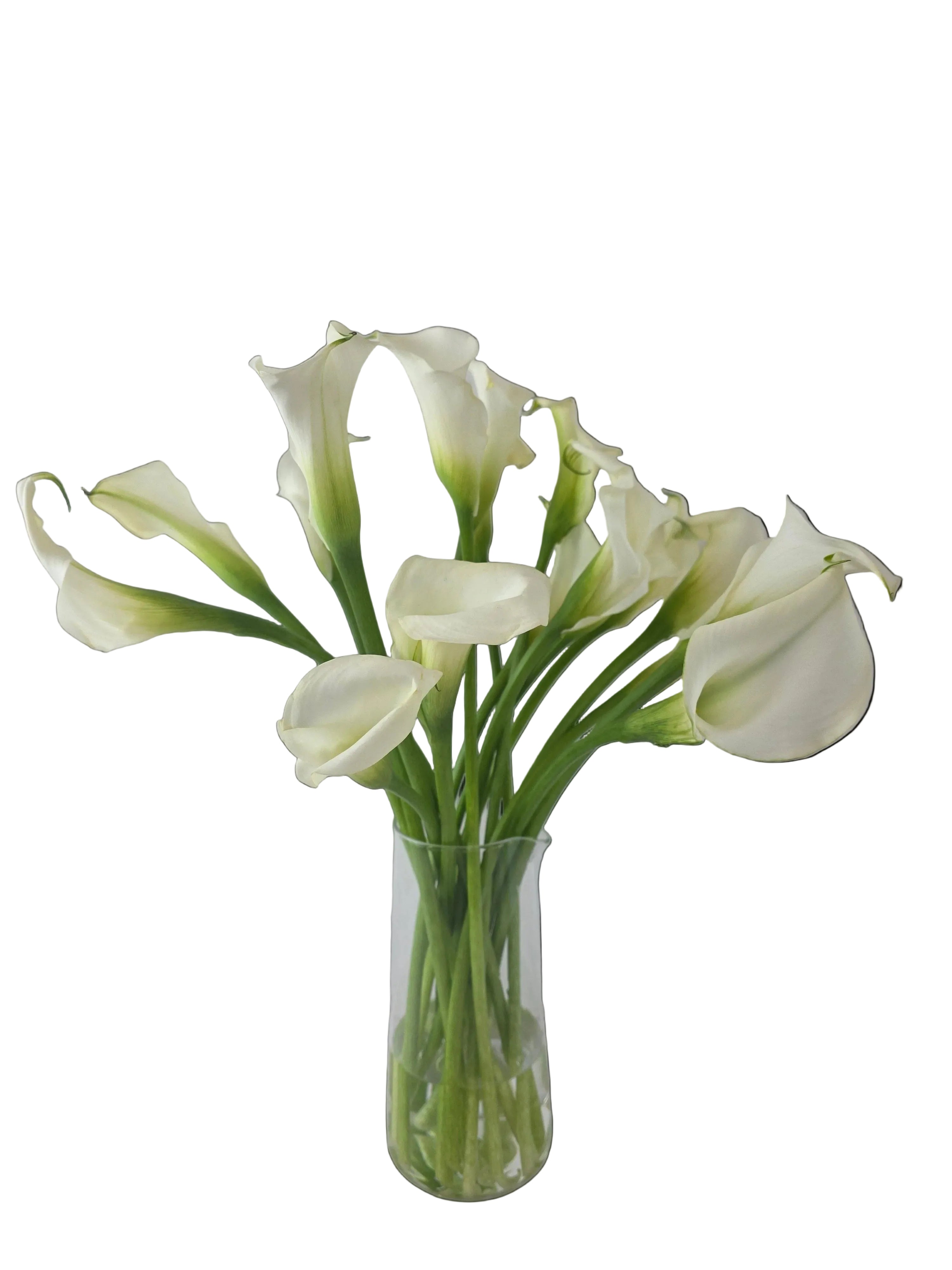 A bouquet of white calla lilies with green stems in a clear glass vase, photographed against a plain light background.
