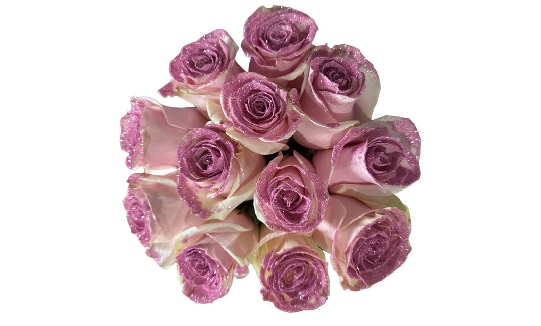 12 White Long Stem Roses with Pink Glitter Bouquet