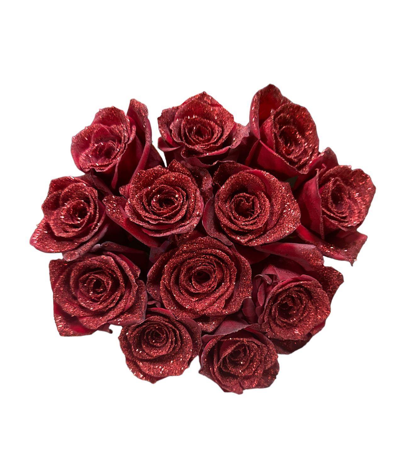 12 Red Long Stem Roses with Red Glitter Bouquet - 48LongStems.com