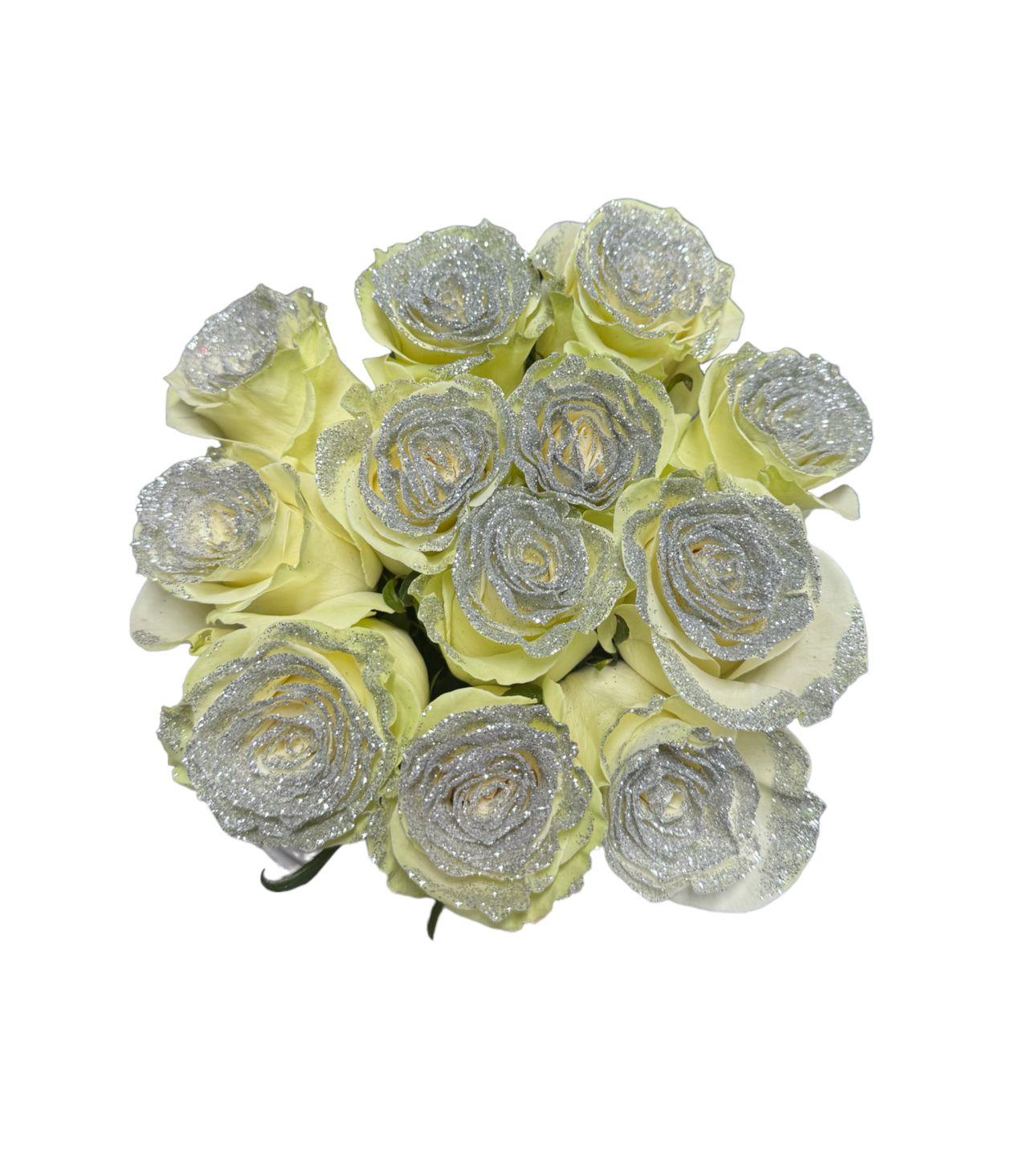 12 White Long Stem Roses with Silver Glitter Bouquet - 48LongStems.com