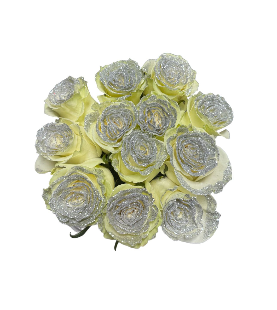 12 White Long Stem Roses with Silver Glitter Bouquet