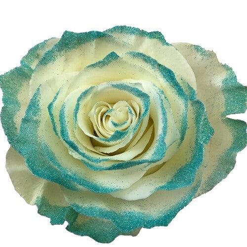 White Rose Bouquet with Teal Blue Glitter 1-Stem - 48LongStems.com