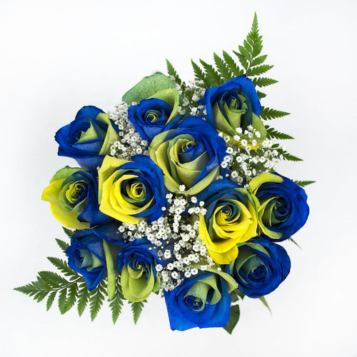 Yellow, Green and Blue Dyed Rose Bouquet 12-Stem - 48LongStems.com